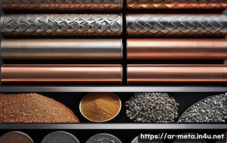 금속재료기사 시험 난이도 - A detailed scientific illustration showing a variety of metals used in industry, including iron, alu...