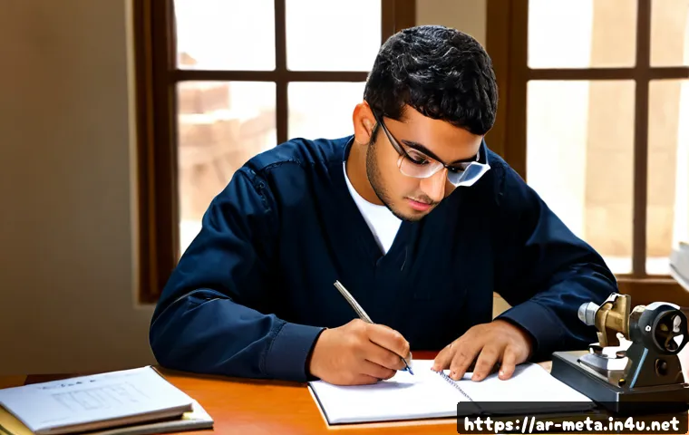 금속재료 필기시험 공략법 - Photorealistic Arab engineering student in modest professional clothing studying for a metal materia...